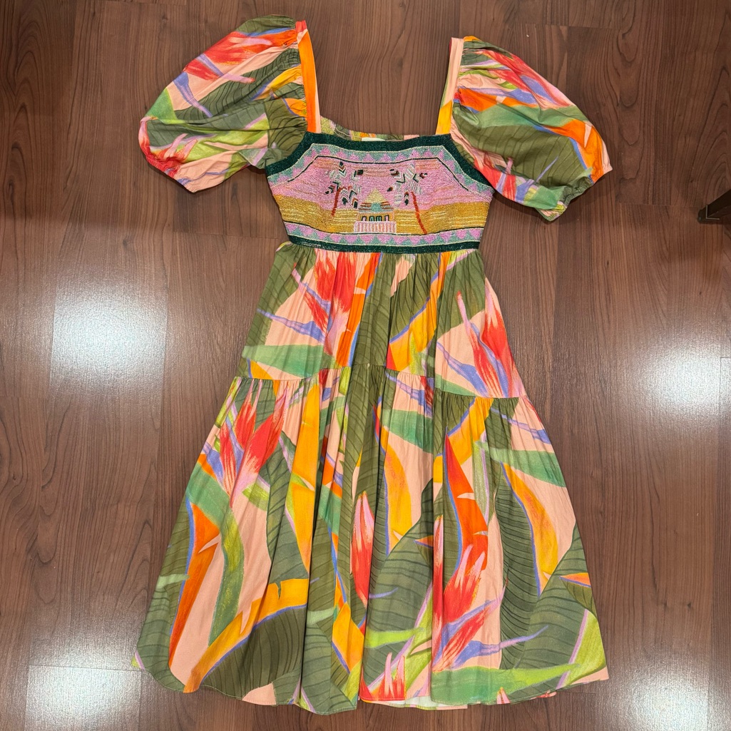 Farm Rio Tropical Puff Sleeve Dress With Beaded Bodice Size L